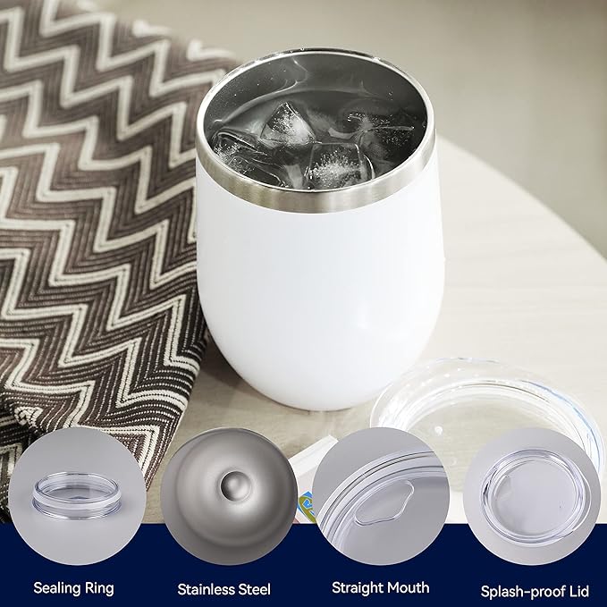 DOMICARE Stainless Steel Wine Tumbler Bulk with Lid, Personalized White Insulated Tumblers Set, 12oz Travel Coffee Cups Pack of 1