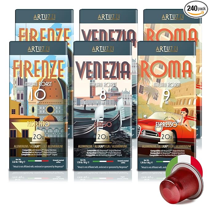 Artuzzi 240ct Compatible with Nespresso I Coffee Pods compatible with Nespresso Original Machines | Espresso Ristretto Lungo Coffee Capsules | Espresso Variety Pack I Aluminum & Recyclable