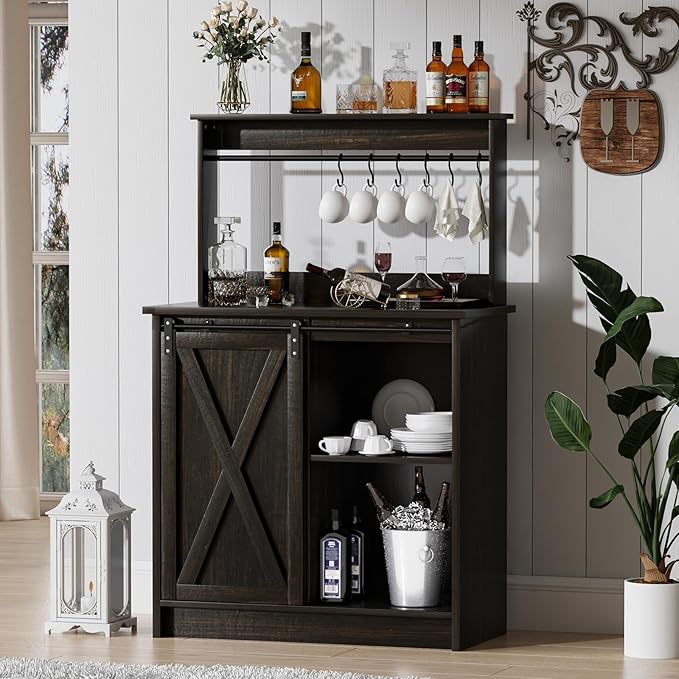 4ever2buy Farmhouse Coffee Bar Cabinet with Hutch, 50 Inch Coffee Bar Hutch with Sliding Barn Door & 6 Hooks for Living Dining Room, Dark Oak