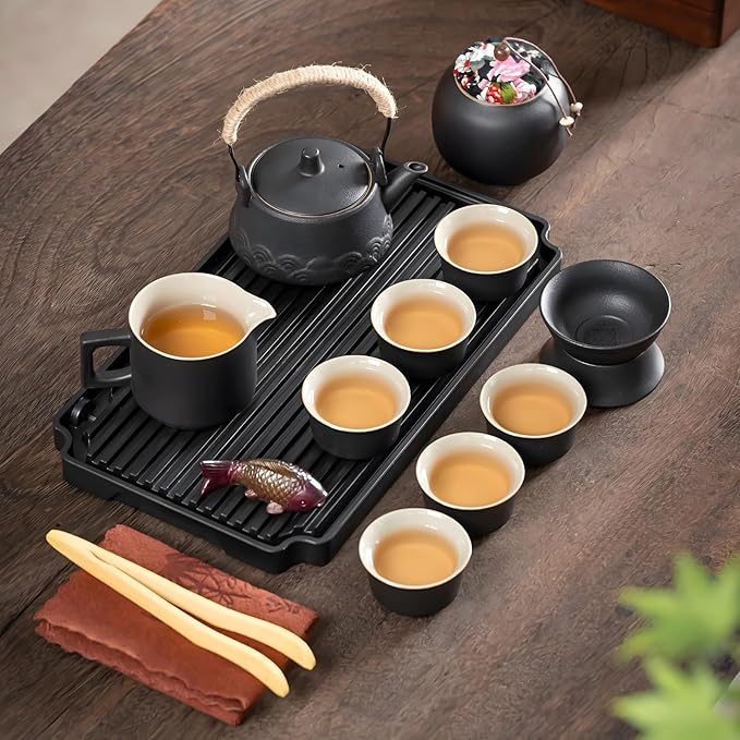 ICHAG Japanese Tea Set, Chinese Tea Sets for Adults, 15-Piece Porcelain Gongfu Tea Set with Tea Pet & Tea Tray, Japanese Teapot Set, Travel Tea Party Set, for Home/Office/Outdoor/Gifts