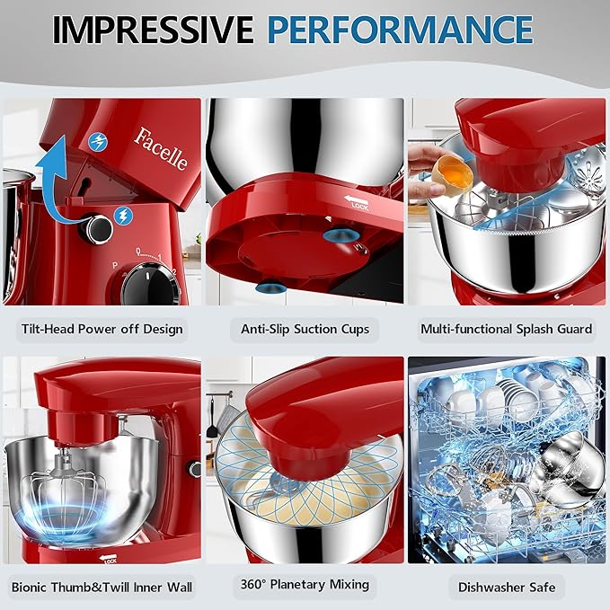 Facelle Stand Mixer, 10-Speed 6QT Kitchen Electric Mixer, Tilt-Head Food Mixer with Beater, Dough Hook, Wire Whip and Egg Separator, scraper for Most Home Cooks - Red