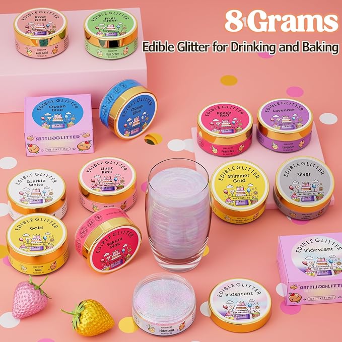 Nomeca Edible Glitter for Drinks Cakes, 8 grams Food Grade Luster Dust Sprinkles Glitter for Cake Decorations, DIY Cocktails, Beverages & Cake Decorating, Dessert Cake Topper (8-Rose Gold)