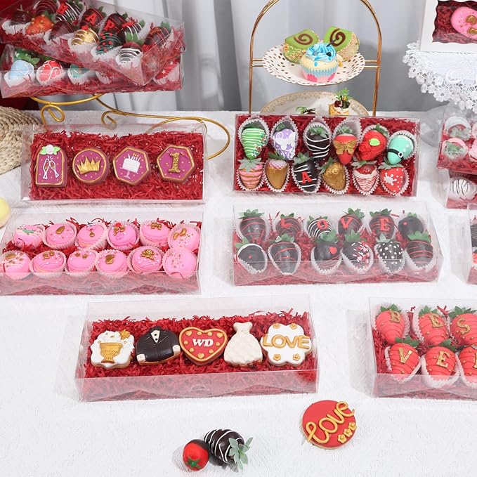 RomanticBaking 5Pcs 12x5x2Inches Clear Easter Cookies Boxes Plastic Chocolate Covered Strawberries Boxes for 12 Chocoalte Truffle Box Bakery Box Cakesickle Gift Treat Pack for Christmas Valentine's