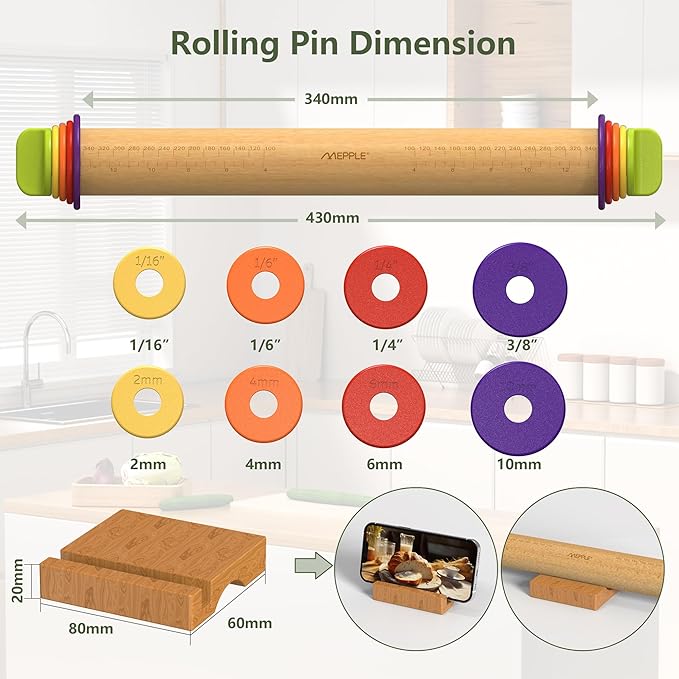 Rolling Pin with Thickness Rings for Baking,Fondant, Pizza, Pie Crust, Cookie, Pastry, Roller Rod for Dough Thickness, 13.6" Adjustable Wood Rolling Pin with 4 Thickness Rings and Wooden Stand