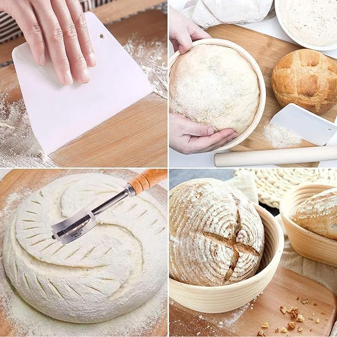 Banneton Bread Proofing Basket - Rattan Proofing Baskets for Sourdough Bread | Banneton Baskets Bowls with Linen Liners for Artisan Homemade Bread Baking (9 inch Basket Set of 2 with Baking Supplies)
