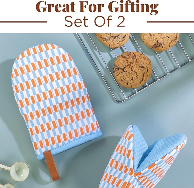 Folkulture Mini Oven Mitts Heat Resistant & Non Slip | (5.75 x 9) Set of 2 Blue Short Oven Mitts with Hanging Loop for Kitchen Decor | 100% Cotton Oven Gloves or Orange Kitchen Mittens Set