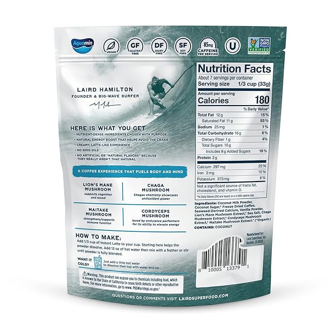 Laird Superfood Vanilla Instant Latte, Non-Dairy, Superfood Creamer, Gluten Free, Non-GMO, Vegan, 8 oz. Bag, Pack of 1