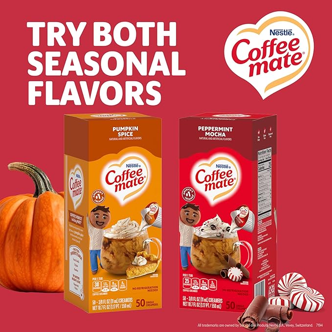 Nestle Coffee mate Coffee Creamer, Peppermint Mocha, Liquid Creamer Singles, Non Dairy, No Refrigeration, 0.375 fl oz Tubs (Pack of 200)