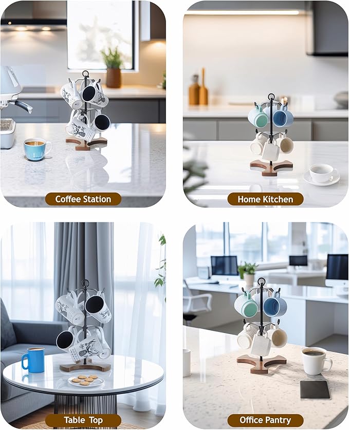 Mug Holder Tree for Countertop | 2-Tier Coffee Cup Stand & Rack Holds 6 Large Mugs, 5oz to 20oz | Space-Saving Mug Stand with Solid Wood Base | Kitchen Counter Organizer & Coffee Bar Accessories