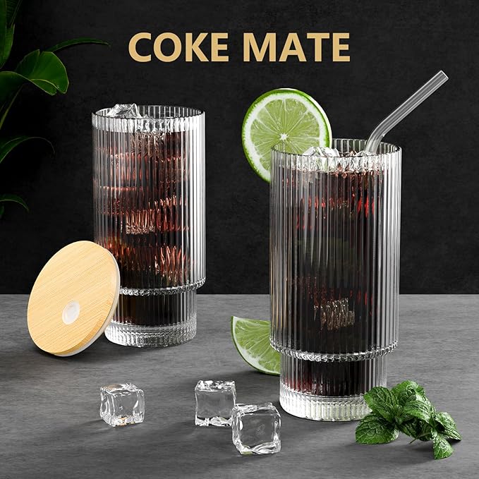 16Oz Glass Cups, 6Set Glass Tumbler with Straw and Lid, Vintage Glassware for Whiskey Cocktail Beer, Iced Coffee Cups with Lid (6 PACK)
