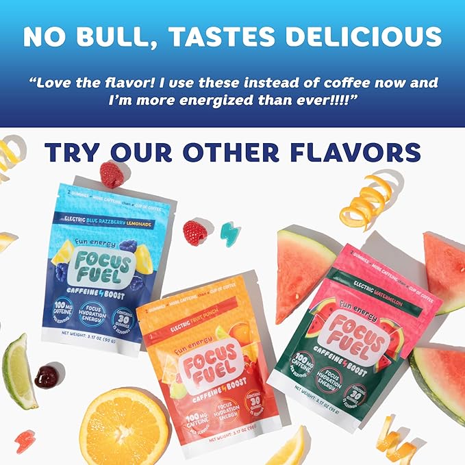 FocusFuel Energy Chews – Blue Razzberry Lemonade (15 Servings) – 100mg Caffeine + Alpha GPC + L-Theanine + B12, Magnesium – Great Taste – No Crash or Jitters