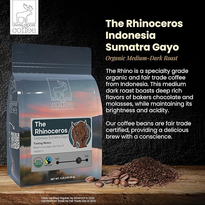 Diving Moose Coffee - The Rhinoceros Sumatra Gayo USDA Organic Medium Dark Roast (16oz / 1 LB) - Bakers Chocolate Raspberry Specialty Grade 100% Arabica Small-Batch Roasted to Order Smooth Not Bitter
