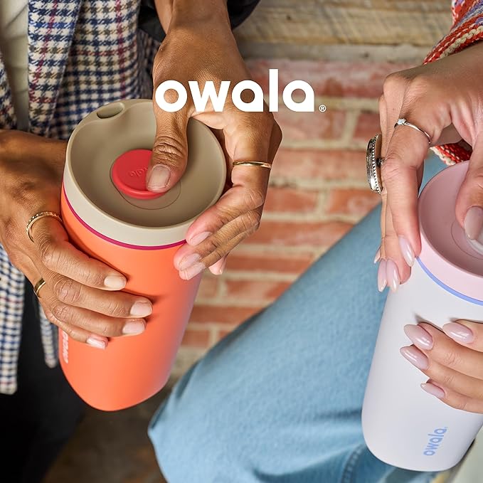 Owala SmoothSip Slider Insulated Stainless Steel Coffee Tumbler, Reusable Iced Coffee Cup, Hot Coffee Travel Mug, BPA Free 12 oz, Grey/Brown (Cozy Cocoa)