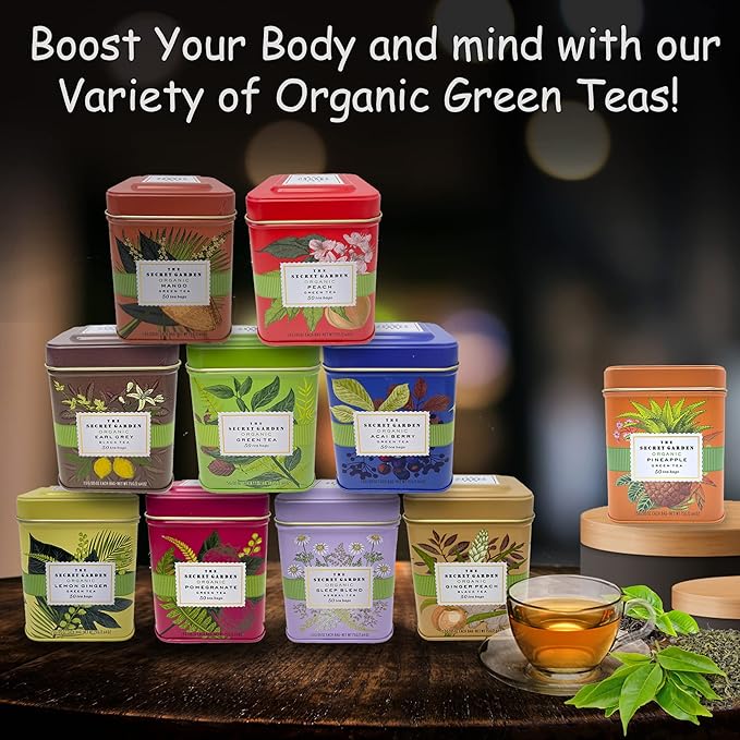 Organic Peach Ceylon Green Tea - 50 Packets - Natural Antioxidant Rich Herbal Leaf Teabags - USDA Certified 100% Non-GMO - Caffeinated Designer Gift Tin