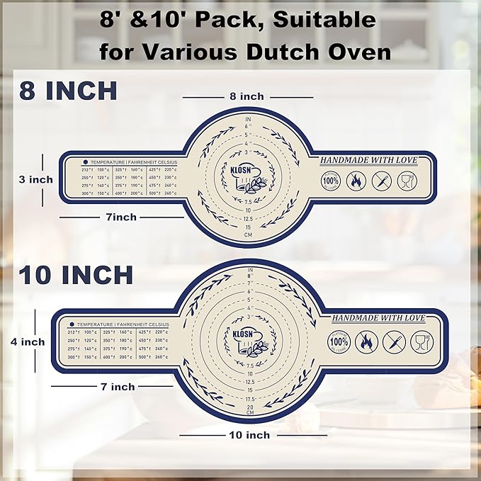 Silicone Bread Sling for Dutch Oven, 2 Pack (8" & 10" Round) – Non-Stick & 500°F Heat Resistant Sourdough Mat, Easy to Clean, Reusable Food-Grade Sourdough Slings - Fits 5–7 qt Dutch Ovens