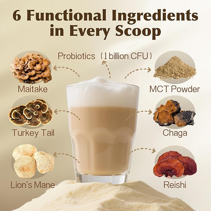 Mushroom Coconut Creamer, Natural Creamer for Coffee, 5 Mushrooms Extract, MCT Powder & Probiotics | Lion's Mane, Turkey Tail, Reishi, Maitake, Chaga | Plant-Based, Keto-Friendly| 6.35 Oz
