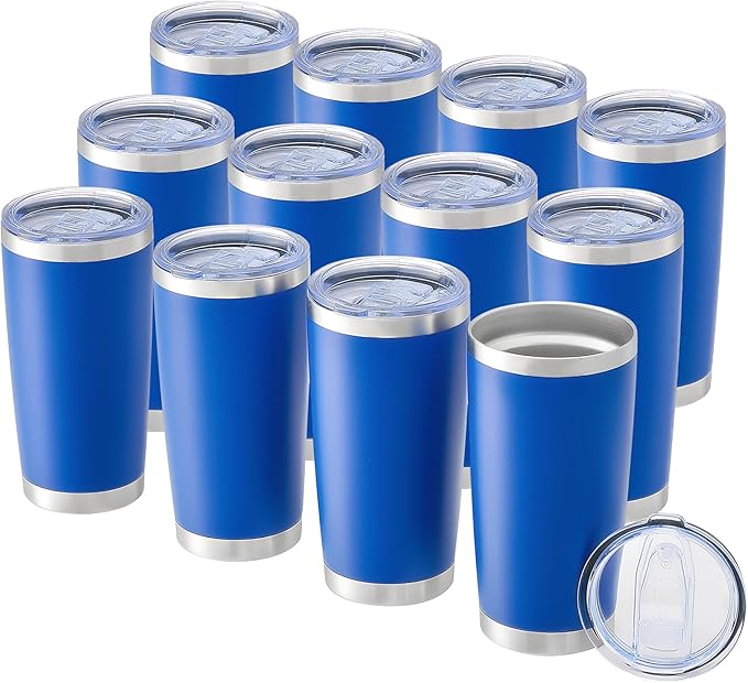 OMTech 20oz Tumblers Bulk, 12pc Stainless Steel Tumbler Set with Lid & Straw, Double Wall Vacuum Insulated Mug for Laser Engraver, Travel Coffee Mug for Hot & Cold Drinks, Navy Powder Coated Cup