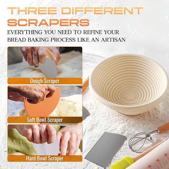 Banneton Bread Proofing Basket Set, 9" Round & 10" Oval Bread Baskets with Liners, Sourdough Starter Kit, Bread Making Tools, Natural Rattan Proofing Bowls for Home Bakers