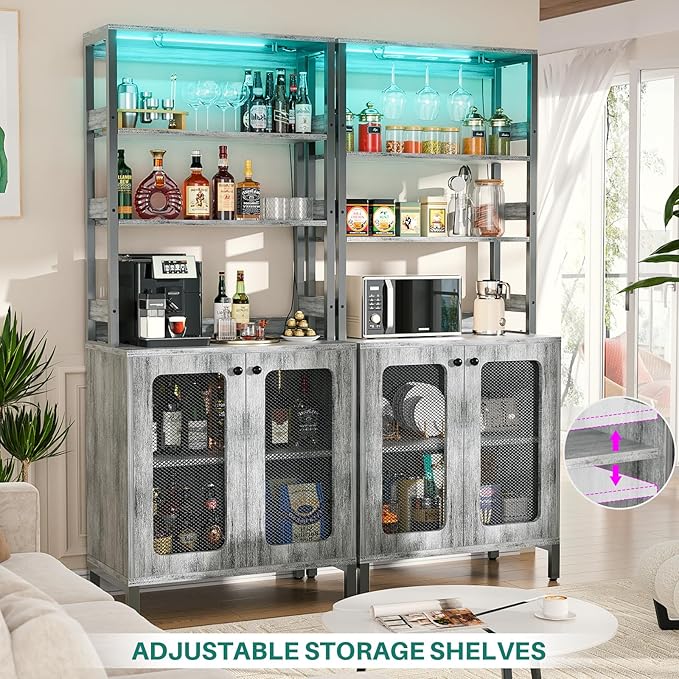 Aheaplus Bar Cabinet with Power Outlets, 67" Tall Wine Bar Cabinet Liquor Cabinet with LED Lights and Glass Holder, Coffee Bar Station for Living Room, Microwave Stand Bakers Rack Cabinet, White Oak