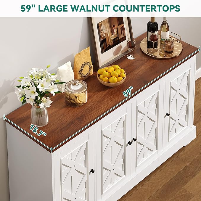 YITAHOME Sideboard Buffet Cabinet with Storage, 59" Buffet Storage with 4 Doors, Modern Farmhouse Coffee Bar Station Wood Kitchen Table with Adjustable Shelves for Kitchen, Living Room (White)