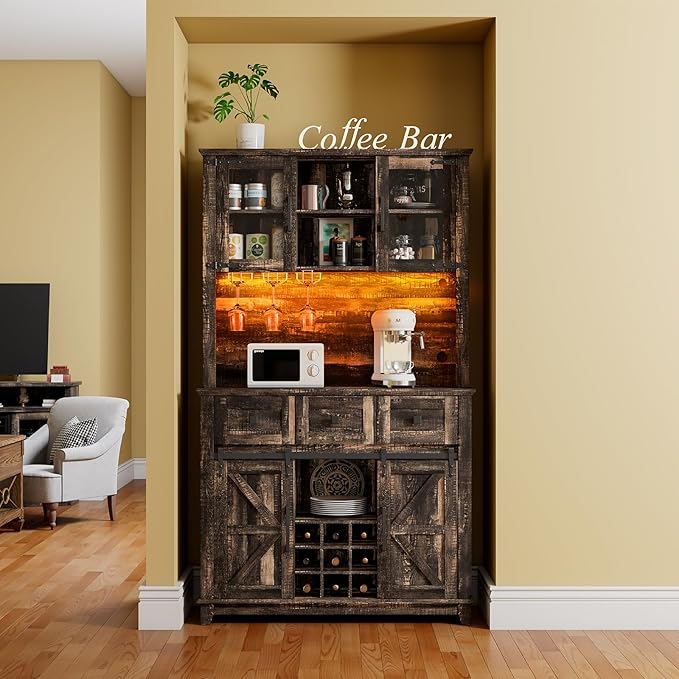 72" Coffee Bar Cabinet with Sliding Barn Door & LED Lights, Sideboard Buffet Cabinet with Wine Bottle Rack, 3 Drawers, Storage Cabinet for Kitchen, Dining Room, Dark Rustic Oak, DBC20B