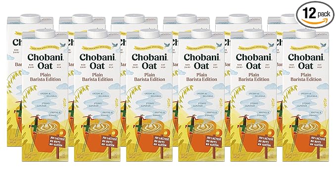 Chobani Oat Milk, Plain Oat Barista Edition, Shelf Stable Non Dairy Milk, Creamer, Vegan Friendly, Gluten-Free, 32 FL OZ (Pack-12)
