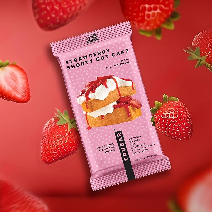 TRUBAR Vegan Protein Bar, Strawberry Shorty Got Cake, Gluten Free, Plant Based Protein, Dairy Free, Non GMO, Soy Free, No Sugar Alcohols, 12G Protein, 12G Fiber, 23G Carb, On the Go Snack Bars, 12 CT