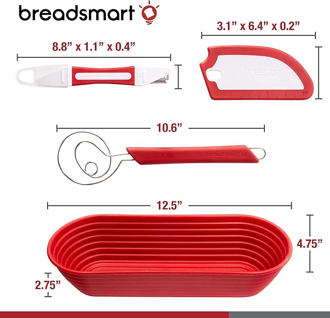 Artisan Bread Making Kit - 5 PC Baking Supplies Set - Lame, Scraper, Whisk, Proofing Basket & Cotton Liner - Red
