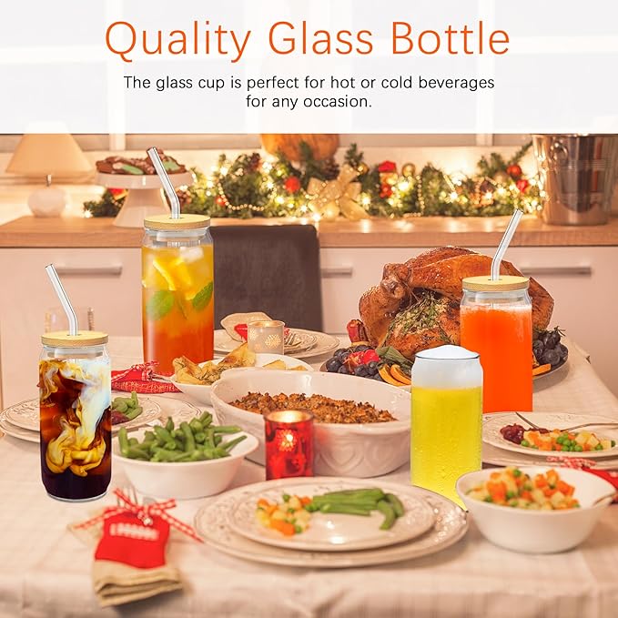 Glass Cups with Lids and Straws 20 Pcs 16 oz Ice Coffee Cup Skinny and Long Can Beer Cups Set Drinking Glasses with Bamboo Lids Reusable Glass Cups Ideal for Smoothies & Beverages