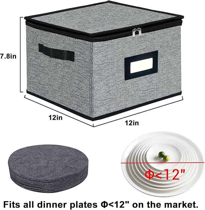 Homyfort China Storage Containers - Dinner Plate Storage with Lid, Handles, Hard Shell Dinnerware Protectors for Moving Bowls, Saucer, Padded Protective Storage, 12x12, 2 Pack