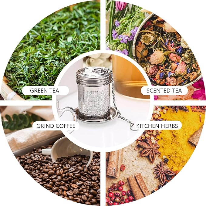 Tea Strainer Tea Infuser for Loose Tea, Tea Steeper 304 Stainless Steel Tea Mesh Strainer with Lid and Drip Tray, 2 Pack Tea Diffuser with Chain Hook, Tea Ball to Brewing Steeping Loose Leaf