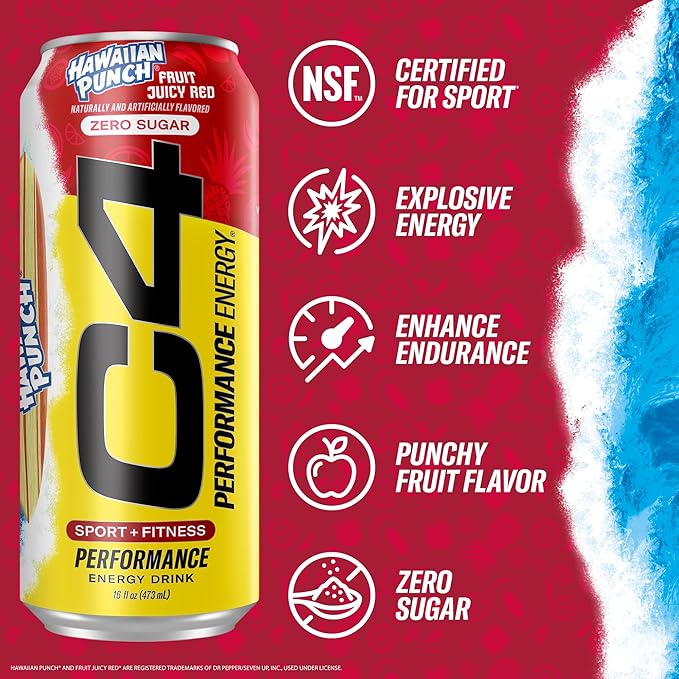 C4 Energy Drink, Hawaiian Punch Fruit Juicy Red, Carbonated Sugar Free Pre Workout Performance Drink with no Artificial Colors or Dyes, 16oz Pack of 24