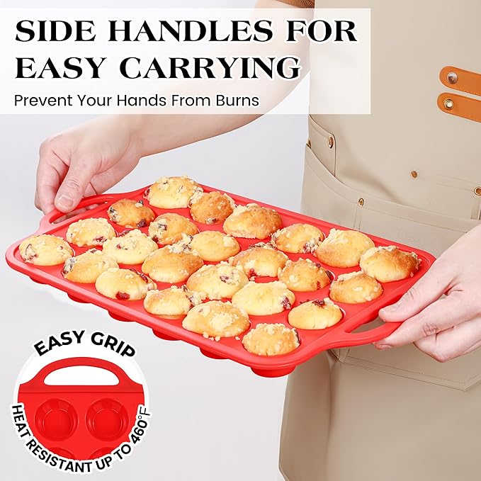 8 Pcs Silicone Muffin Pan Set, 12 Cup Regular & 24 Cup Mini Nonstick Muffin Tray with 6 Pcs Utensils, Silicone Muffin Pan for Baking with Metal Reinforced Frame, BPA Free (Red)