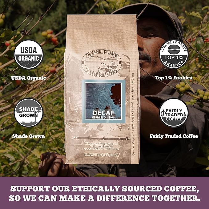 Camano Island Coffee Roasters Decaf Espresso Blend, Ground 1lb, Fresh Dark Roast Swiss Water Processed, USDA Organic, Fairly Traded, Shade Grown Top 1% Arabica, Sweet Molasses, Mixed Berry Flavor