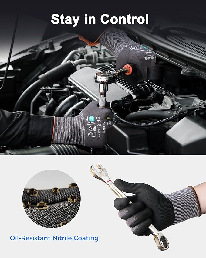 Safety Work Gloves MicroFoam Nitrile Coated-12 Pairs Pack,Blue Seamless Knit Nylon Glove with Black Micro-Foam Nitrile Grip,Ideal for General Purpose,Automotive,Home Improvement,Painting(Medium)