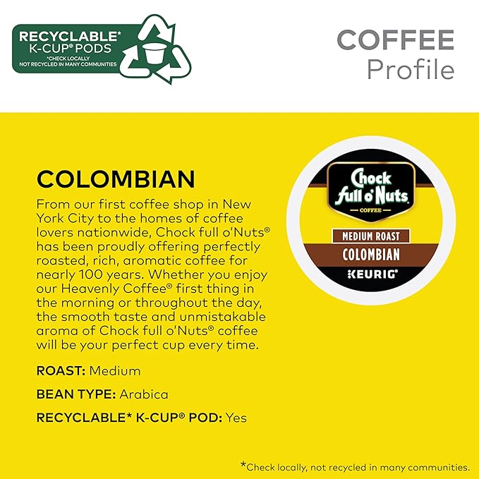 Chock Full o'Nuts Colombian Coffee, Compatible with K-Cup Pods, 12 CT (Pack of 6)