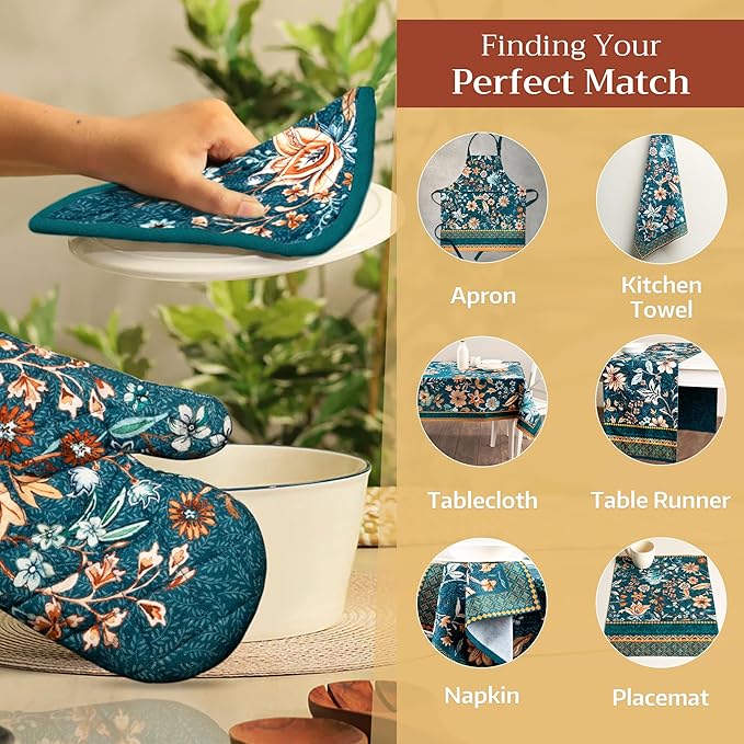 Maison d' Hermine 100% Cotton Oven Mitt & Pot Holder Set (7.5"x13" & 8"x8") Heat Resistant BBQ Cooking Gloves with Loop, Baking, Grilling, Kitchen, Handling Hot Pans (Luxury Loft-Dark Teal)