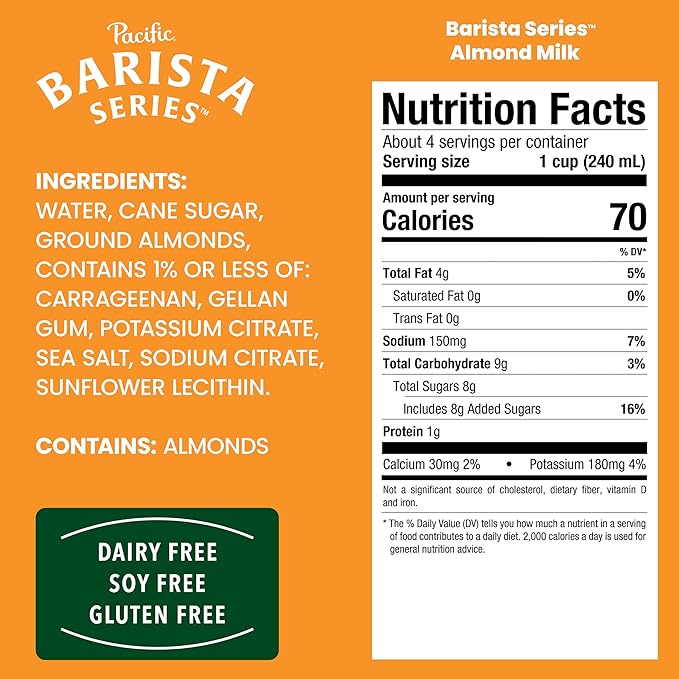 Pacific Foods Barista Series Original Almond Milk, Plant Based Milk, 32 oz Carton (Pack of 4)