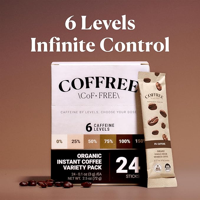COFFREE Organic Instant Coffee Packets - 25% Low Caffeine, Low Acid, Mold Free Coffee Made with Arabica Coffee Beans - Smooth & Balanced Taste - Hot or Cold Single Serve Travel Packets 24 Pack Box