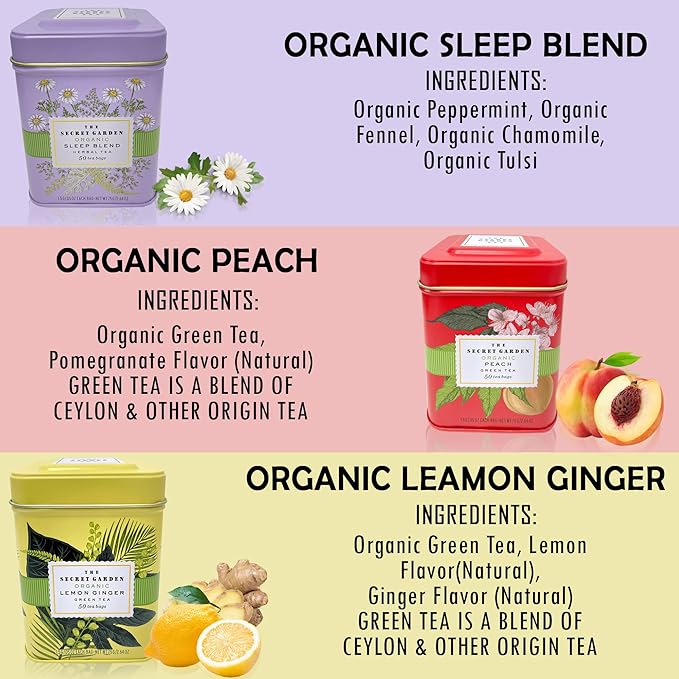 Premium USDA Organic Ceylon Tea Sampler Set - 6 Flavors, 50 Bags Per Tin (300 Total) Variety Pack Non-GMO, Herbal, Fruity, Green & Black, Caffeinated & Decaffeinated
