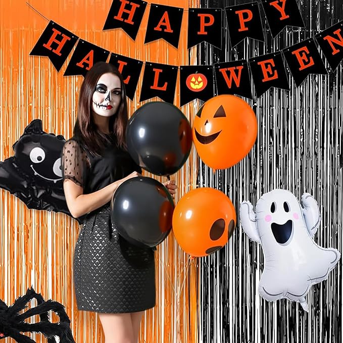 BRAVESHINE 1 Black 1 Orange Tinsel Photo Backdrop Curtains - 3.2x8.2ft Foil Fringe Streamer Curtain for Birthdays, Halloweens, Graduations, Pumpkin, Home, Indoor or Outdoor Party Supplies Decorations