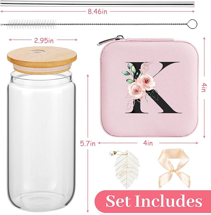AYGXU Mothers Day gifts,Graduation Gifts for Her, Bridesmaid Gifts,Drinking glass with Bamboo Lids and Straw,Jewelry Organizer,Travel Essentials Small Jewelry Box,Teen Girls Gifts,Initial K pink
