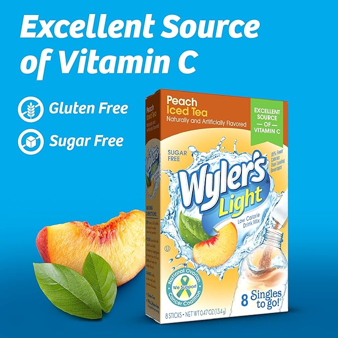 Wyler's Light Singles To Go Powder Packets, Water Drink Mix, 96 Single Servings, Peach Iced Tea, 7 Ounce (Pack of 12), 5.64 Ounce