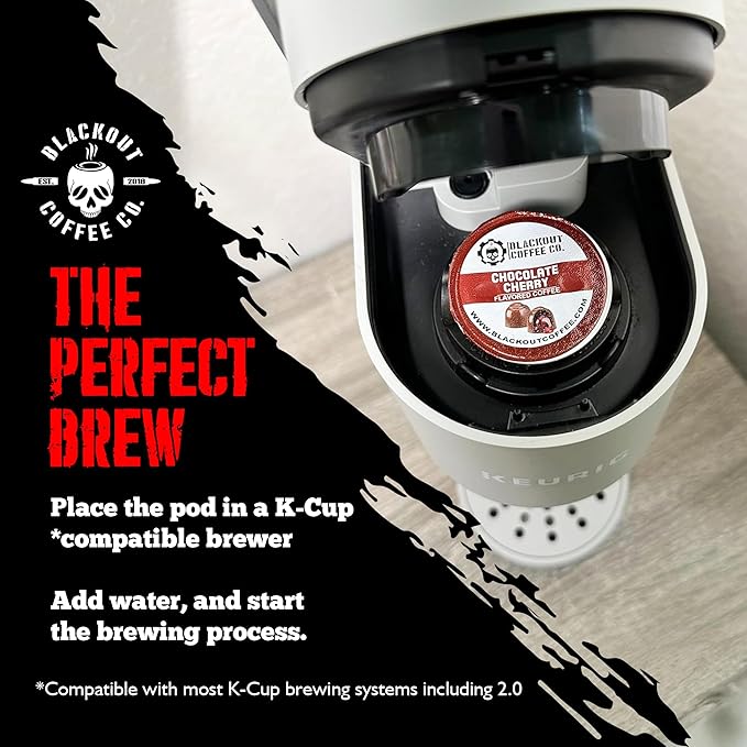 Blackout Coffee Chocolate Cherry Flavored Pods - Freshly Roasted in the USA - K-Cup Compatible Single-Serve Pods (18 Count)