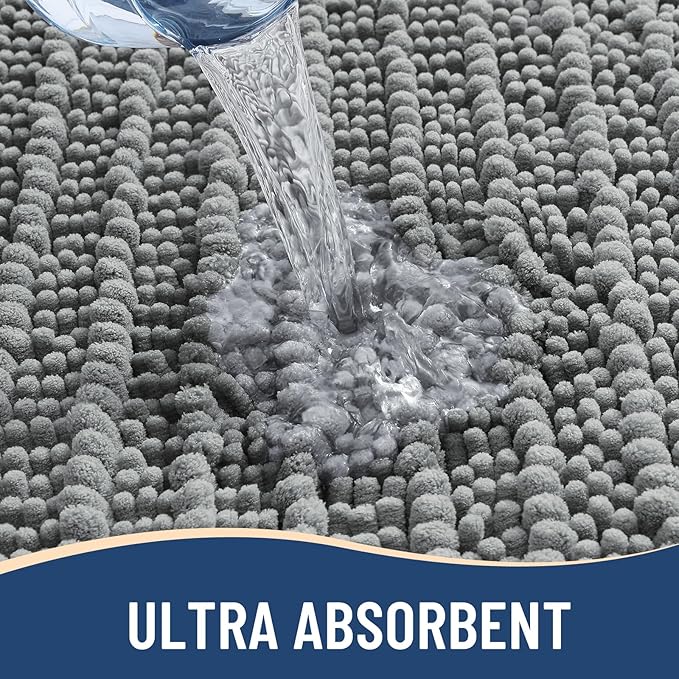 Arotive Luxury Chenille Bathroom Rug Mat, Extra Soft Thick Absorbent Shaggy Bath Rugs, Non-Slip Machine Wash Dry, Plush Bath Mats for Bathroom, Shower and Tub, 60x24, Grey