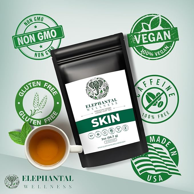 Elephantal Wellness Premium Skin Herbal Tea | Radiance & Clarity Support with Burdock, Dandelion, Calendula & Lavender | Non-GMO, Caffeine-Free, Handmade Loose Leaf Blend, 2oz Loose Leaf, 20 Servings