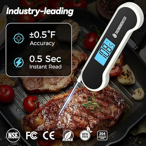 0.5 Sec Instant Read Meat Thermometer Digital with ±0.5℉ Precision, 100% Waterproof Auto Flip Bright LCD Screen, Motion Sensing Food Thermometer for Cooking Kitchen Oven Grill Candy BBQ, White