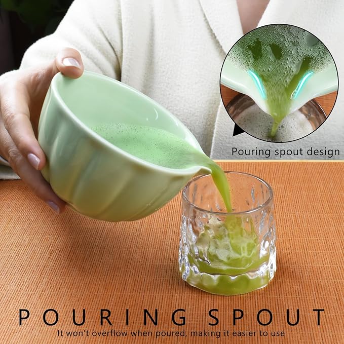Artcome 7 Pcs Japanese Matcha Tea Set - Matcha Bowl with Pouring Spout, Matcha Whisk, Tea Scoop, Whisk Holder, Handmade Matcha Ceremony Kit For Japanese Tea Ceremony, Green