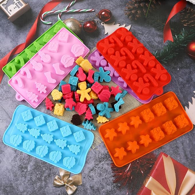 Christmas Silicone Chocolate and Candy Molds, Small Baking Molds for Cake Toppers, Santa Clause Snowman Christmas Tree Presents Gingerbread Stockings Star Candy Cane Molds 6Pcs