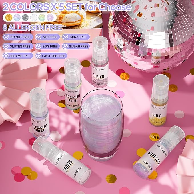 Edible Glitter Spray,2 Colors Iridescent & Iridescent Gold Food Grade Edible Glitter Set for Drink Cake Beverages,Cupcakes,Cake Pops and Cookies Decorating